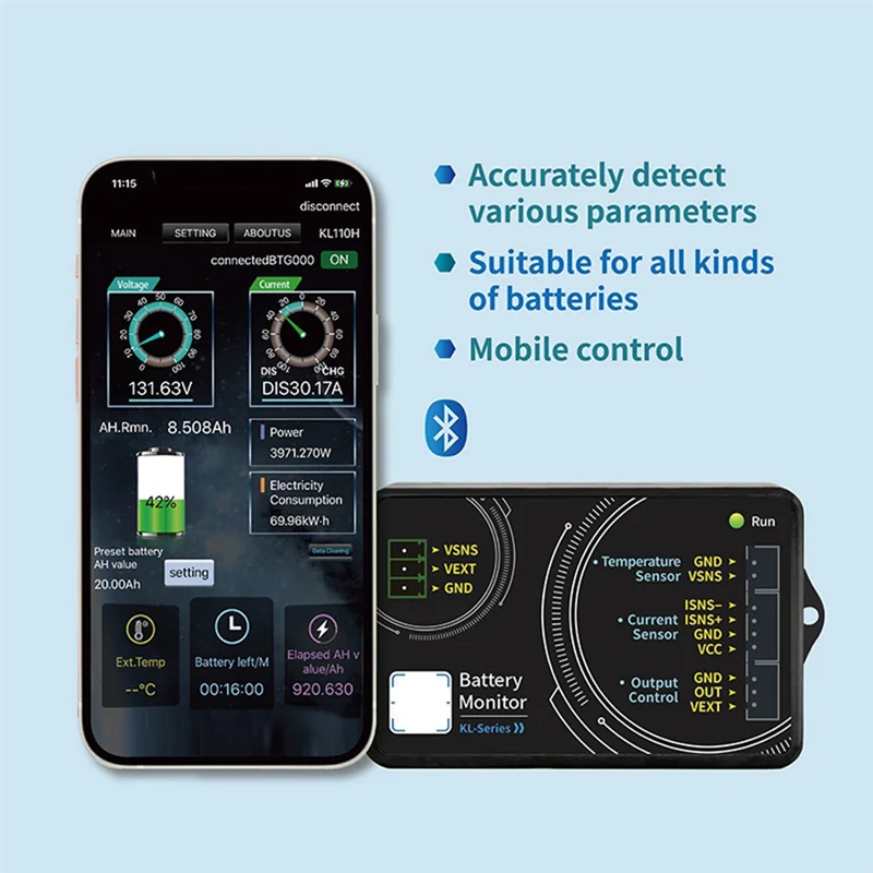 

KL110F 0-120V 0-100A Battery Monitor Bluetooth Battery Tester Voltage Current VA Meter Battery Coulomb Meterm12k