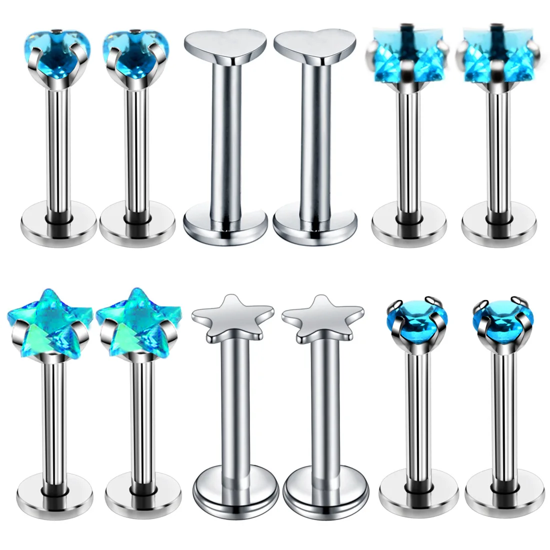 12PCS/Set Ab Labret Piercing Stud Set Crystal Lip Labret Studs Bulk Zircon Tragus Piercing Pack Cartilage Earring Lots Jewelry