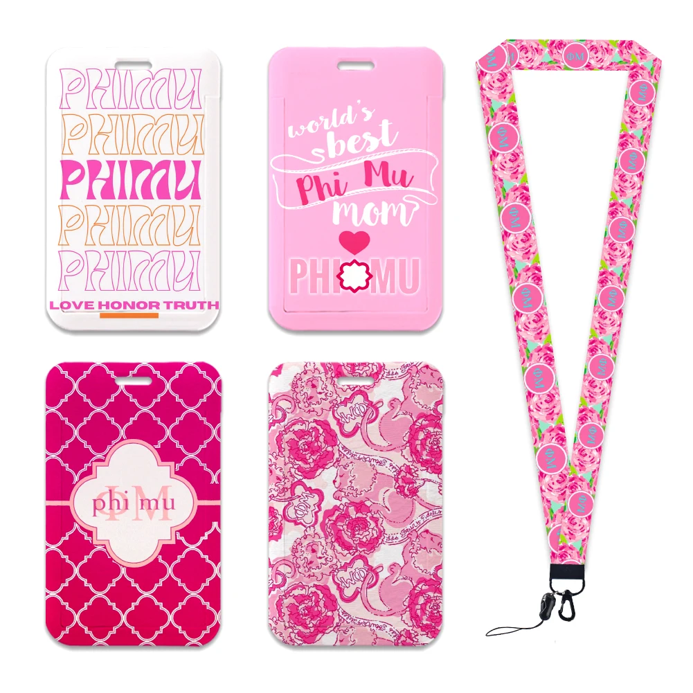 W Fashion Creative Phi Mu ABS Vertical Shape Slide Cover Card Holder Can Be Customized Logo Lanyard with ID Card Holder