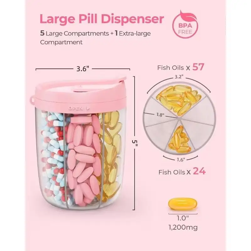 Cute Pill Dispenser with 7 Large Compartments, Portable Pill Bottle Organizer with Wide Opening for Easy Use, Anti-Mix Pill Organizer for Travel, BPA-Free Pill Container, Pink Healthcare