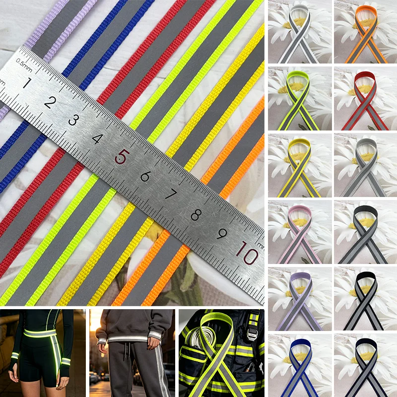50Yards 10mm Reflective Nylon Webbing Strap Clothes Bags Decor Ribbon Band Pet Leash Safety Warning Tape DIY Sewing Accessories