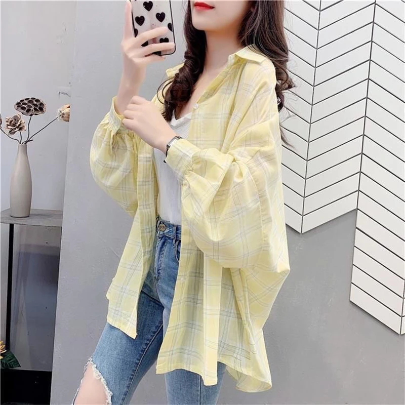 Women\'s Trendy Plaid Print Oversize Sunscreen Cardigan Summer Casual Streetwear Thin Button Shirt Long Sleeve Y2K Irregular Tops