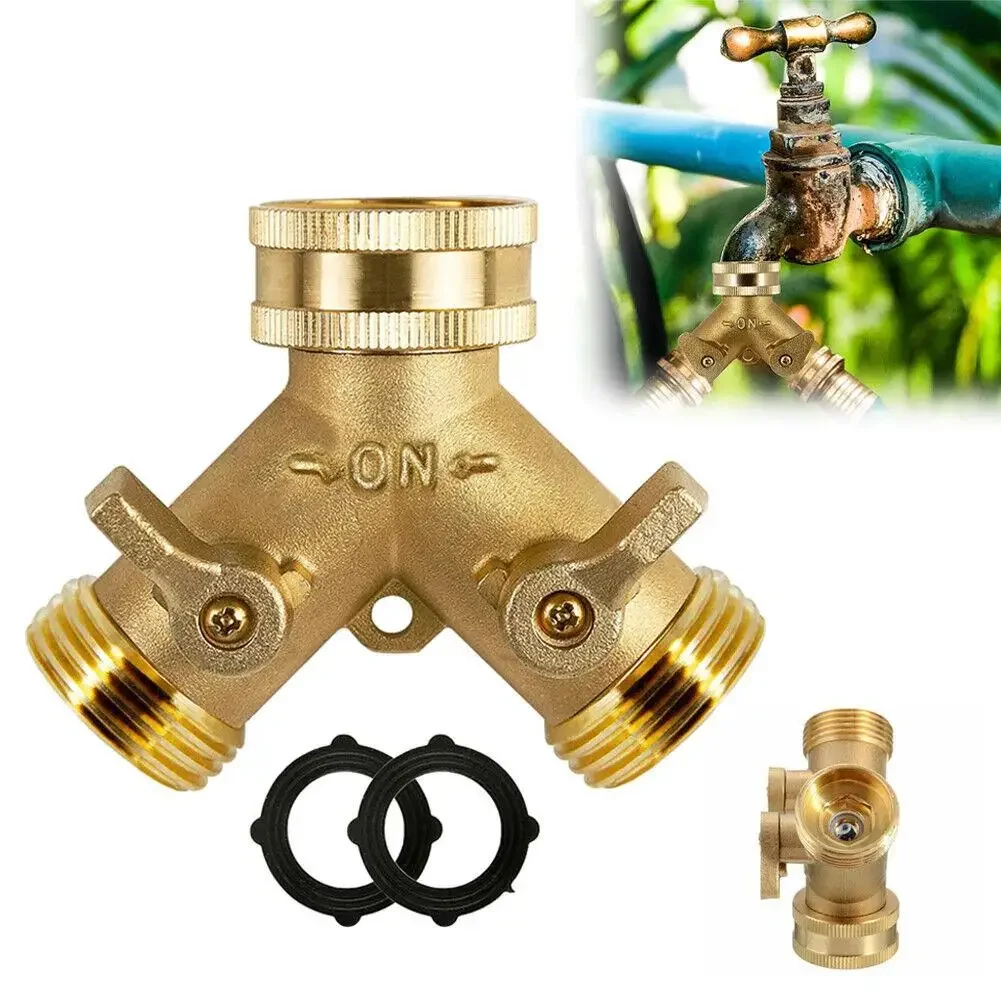 

3/4 Inch 2 Way Brass Garden Hose Splitter Y-Type Tap Watering Connector Distributor for Outdoor Faucet