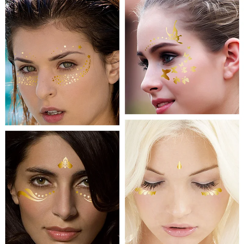 2021 New Gold Face Temporary Tattoo Waterproof Blocked Freckles Makeup Stickers Eye Decal Wholesale Fake Tattoo