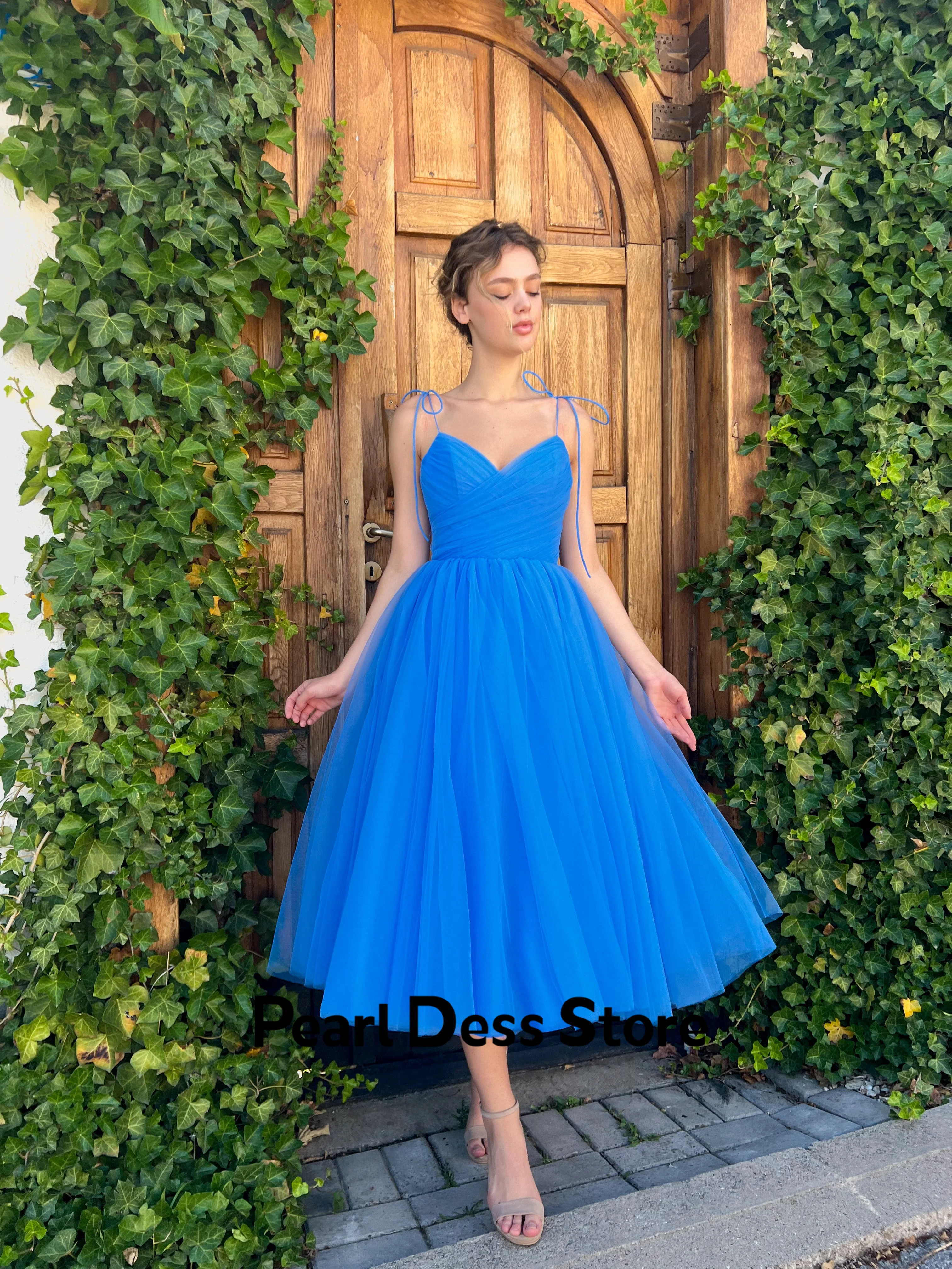 

2024 Sky Blue Ocean sheer A-line thin shoulder strap sleeveless formal occasion ball dress