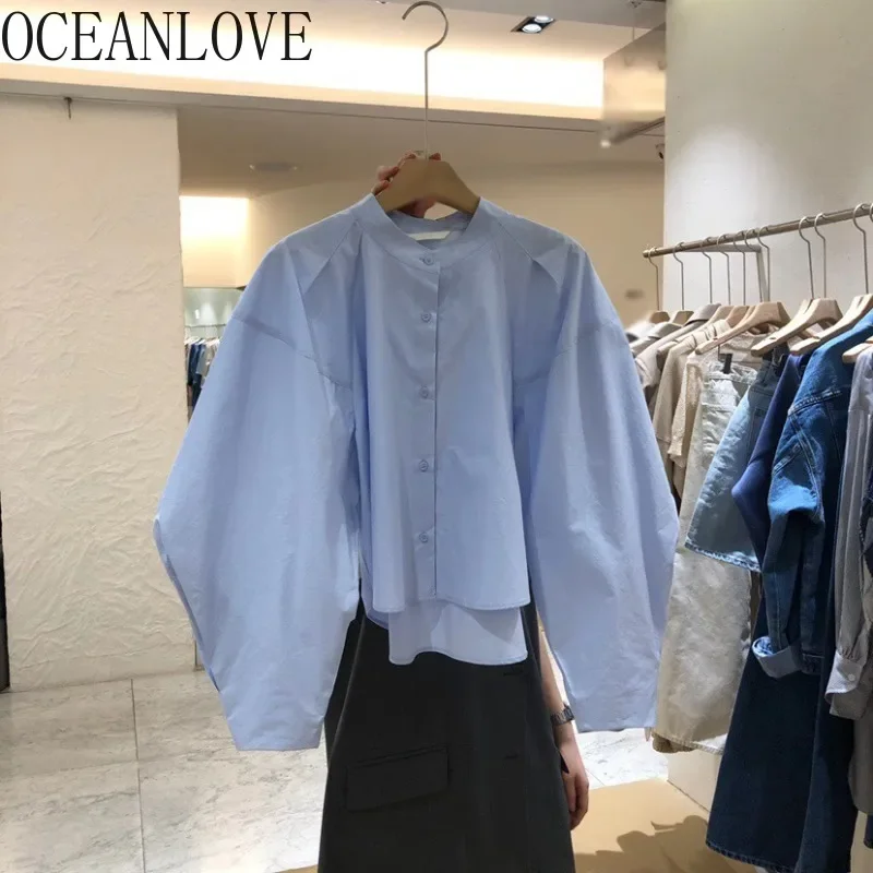 

OCEANLOVE корейские модные блузки однотонные милые весенние осенние свободные женские рубашки простые милые однобортные Ретро блузы женские