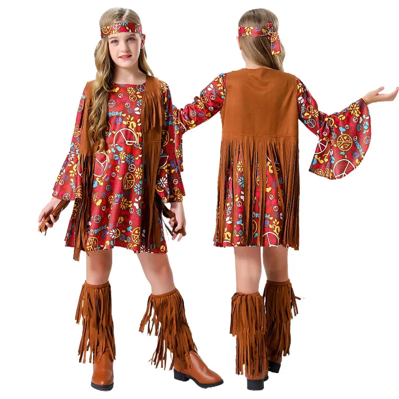 

Halloween Hippy Costume Set for Girls Rocker Stage Performance Dress Children Kids Festival Party Cool Suit Fancy Outfit