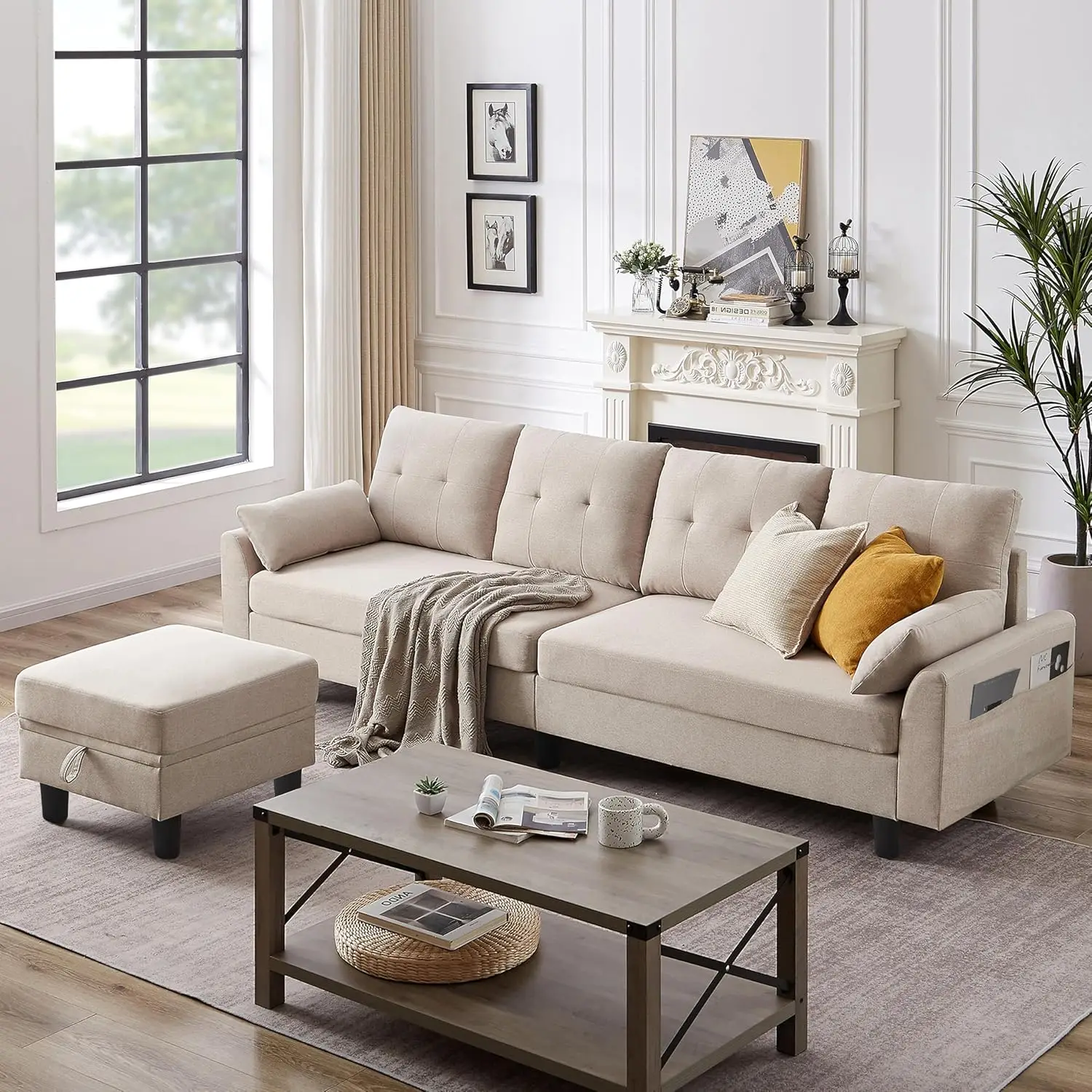 

102" Convertible Sectional Sofa L Shape Linen Reversible Chaise Storage 4 Seater Living Room Beige Customized