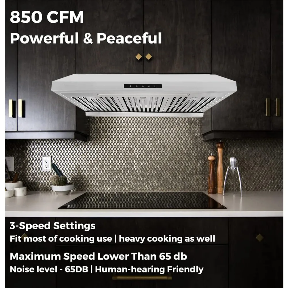 850 CFM Powerful 30 Inch Under Cabinet Range Hood With Seamless Stainless Steel Body, Twin Turbo Motors, 3 Speed Touch Screen