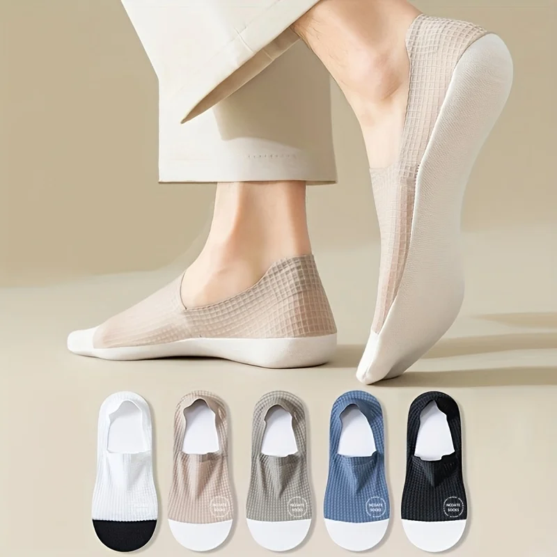 

5 Pairs Men's Invisible Socks Spring Summer Thin Waffle Pattern Sweat-Absorbent Anti-Slip Heel Low Cut Sock Women