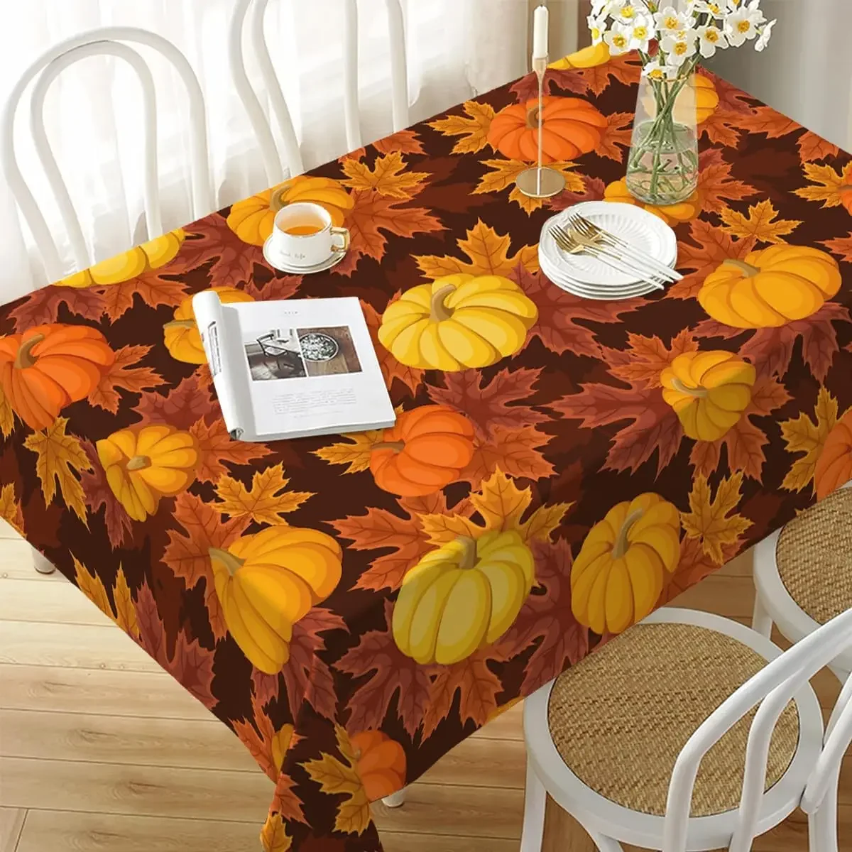 Fall Pumpkin Maple Leaf Rectangle Tablecloth Holiday Party Decor Waterproof Tablecloth for Kitchen Thanksgiving Decorations