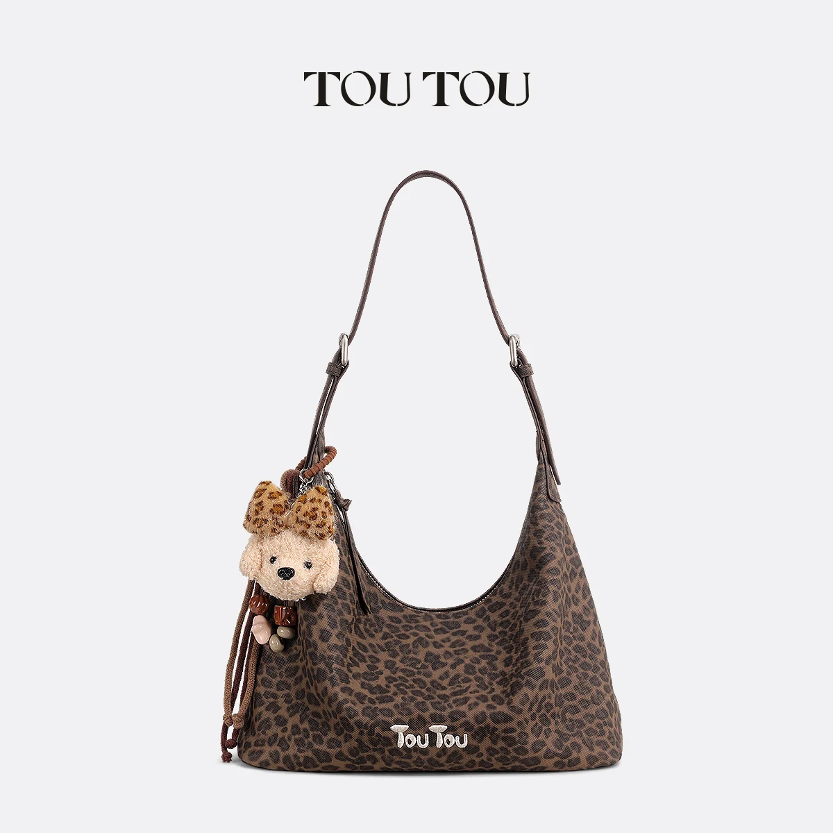 

TouTou Leopard Print Women's Shoulder Bag - Stylish Brown Animal Print Hobo Bag with Cute Pendant, Large Capacity for 8.3" Table