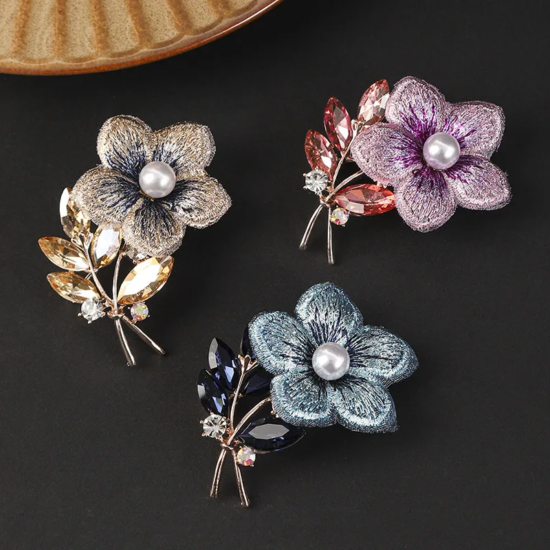 Cross border embroidery flower droplet pendant brooch, alloy rhinestone pearl pin, vintage flower chest flower