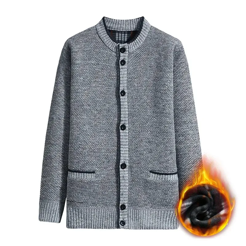 Middle-aged Elderly Men's New Autumn Winter Thick Velvet Warm Round Neck Knitted Sweater