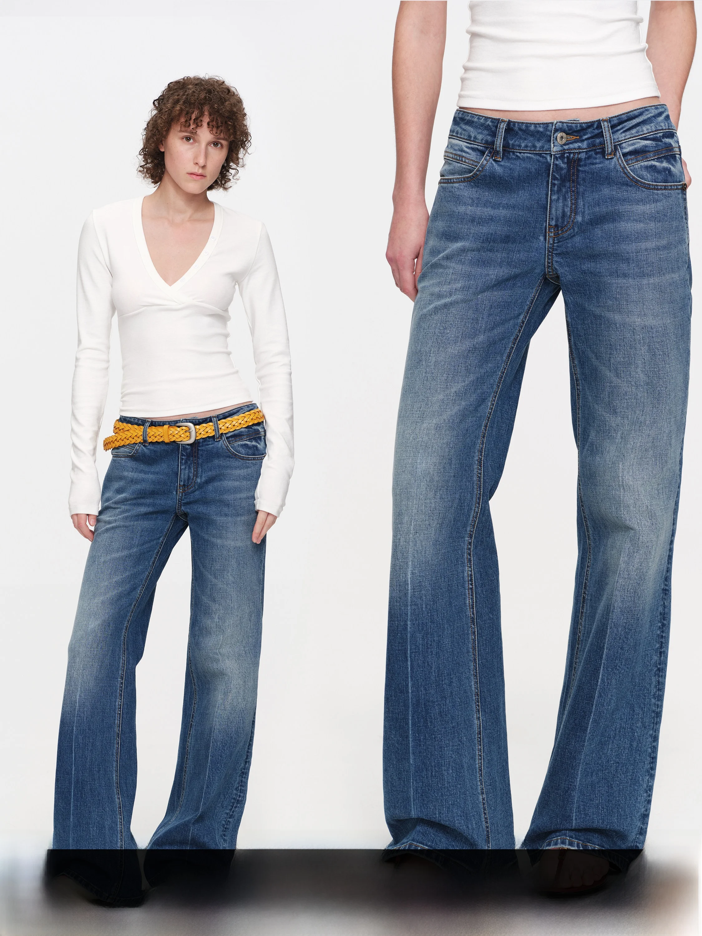 

Ретро джинсы-клеш с эффектом потертости, женские, с низкой/средней посадкой, летние, новые, широкие штанины, слегка эластичные, для повседневной носки, синие