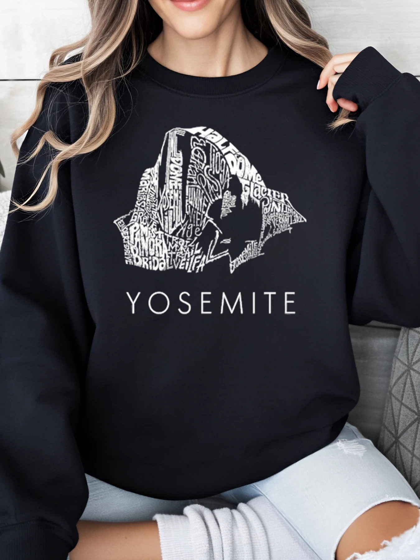 

Толстовка с круглым вырезом и принтом национального парка Йосемита, женская повседневная одежда для путешествий на открытом воздухе, черная, больших размеров