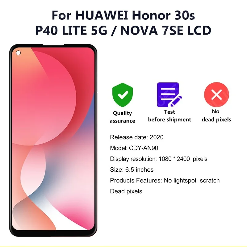 Baru 6.5 "untuk Huawei P40 Lite 5G Tampilan Nova 7SE LCD Layar Sentuh untuk HUAWEI HONOR 30S LCD CDY-AN90 Digitizer