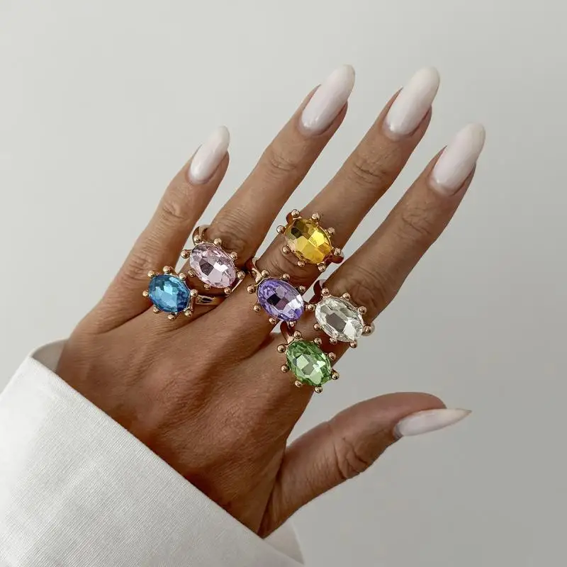 （JYA1）Fashion Geometric Rhinestone Stacking Opening Rings for Women Vintage Colored Gemstone Rings Party Jewelry Gift