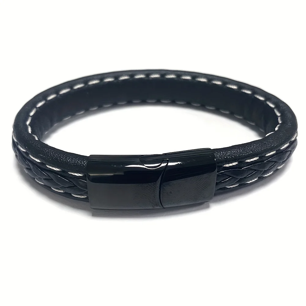 Custom Engrave Name Braided Leather Bracelet Black Stainless Steel Magnet Buckle Woven Bracelets for Man Father's Day Gift view 2