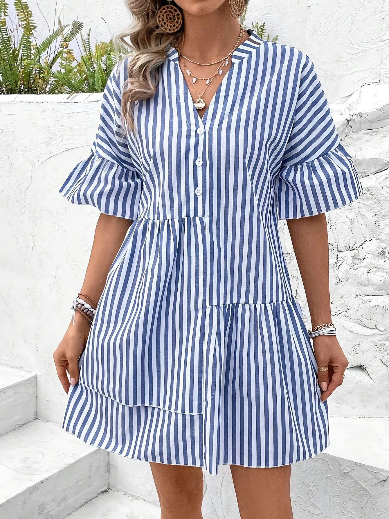 Feminino azul branco listrado decote em v manga babado em camadas mini vestido casual solto botão frente camisa vestido 2025