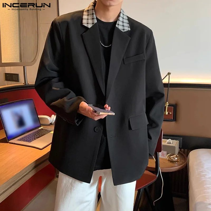 INCERUN Men Blazer Patchwork Lapel Long Sleeve Button Autumn Casual Male Suits Streetwear 2024 Korean Style Fashion Coats S-5XL