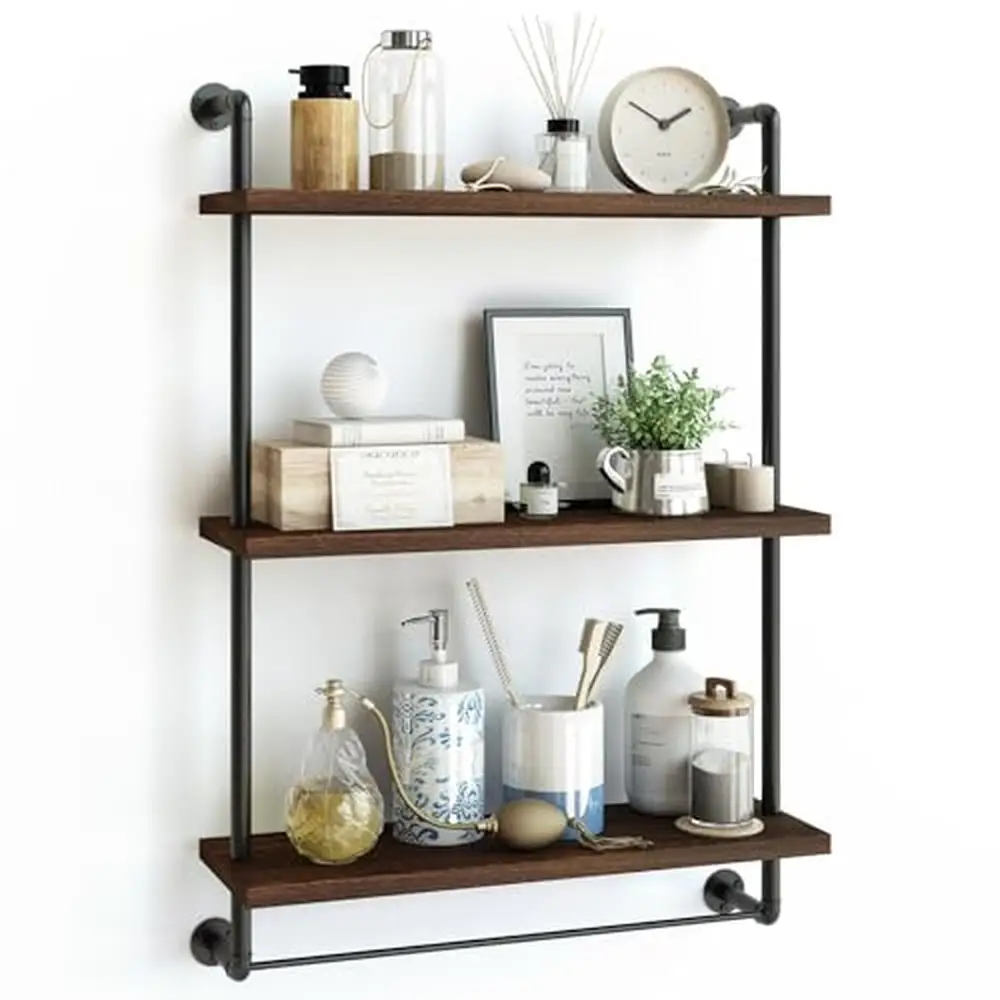 

3 Tier Rustic Wood Industrial Pipe Floating Wall Mounted Shelves Bathroom Storage Durable Paulownia Wall Shelf Kitchen or Living