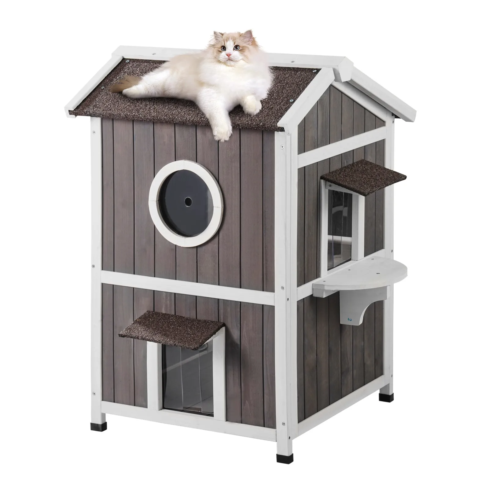 

Outdoor Cat House 2 Layer Wooden Shelter for Stray Cats with Roof and Flap Door Waterproof Weatherproof Cat Hut for Outside
