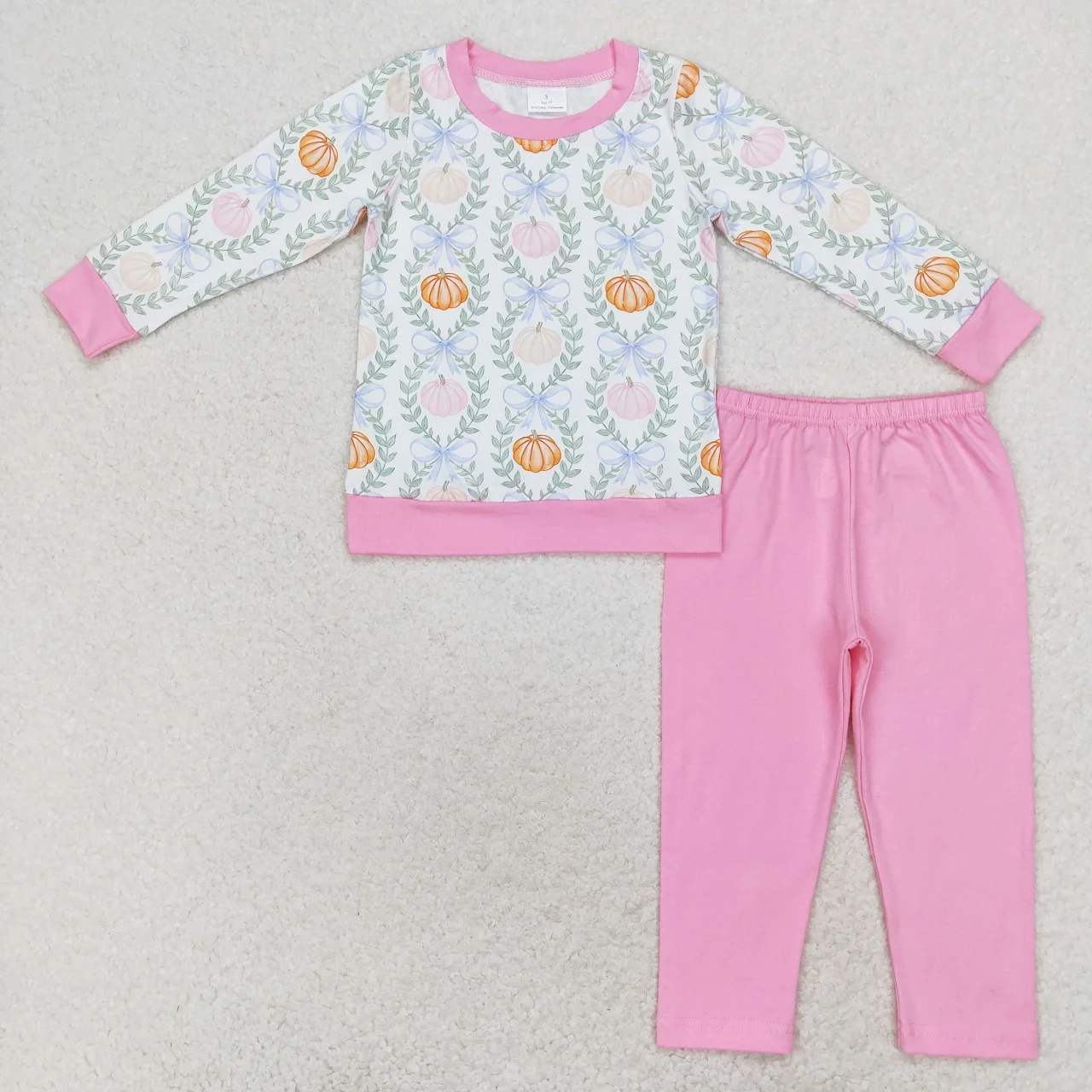 

Wholesale Children Long Sleeves Pumpkin Bows Shirt Baby Girl Pink Cotton Pants Infant Set Kids Toddler Thanksgiving Outfit