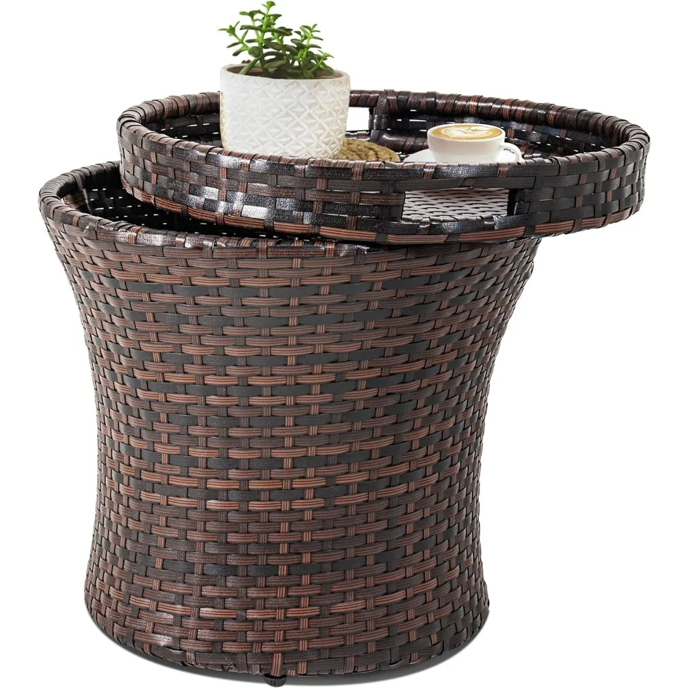 

Плетеный приставной столик с местом для хранения, 20-дюймовый небольшой столик из ротанга для патио, акцентные столики с крышкой, стальной каркас, легкий