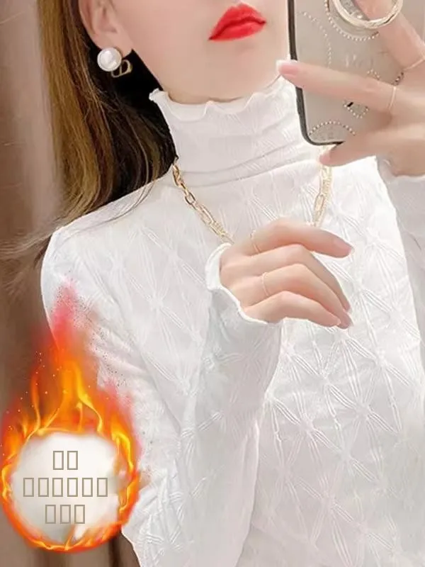 

Утепленная теплая белая флисовая кружевная базовая кофта для женщин, зимняя, с высоким воротником, модная, с длинным рукавом, в корейском стиле