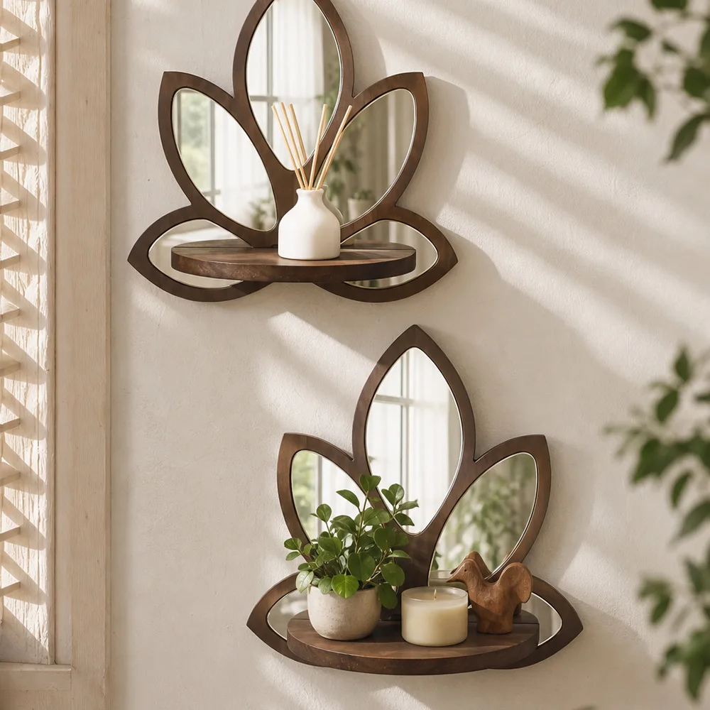 Vintage Lotus Flower Wooden Wall Mirror Floating Display Shelf Boho Floral Wall Mount Mirror Shelf for Bedroom Living Room Decor