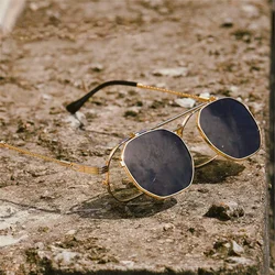 Vintage Steampunk Flip Pilot Sunglasses Retro Polygon Metal Sun Glasses for Men and Women Brand Designer Circle Oculos