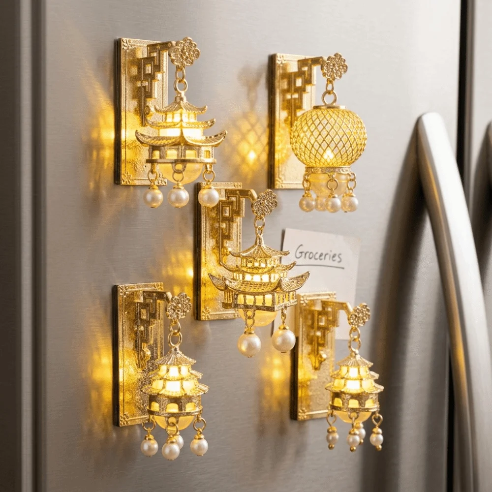 Light Up Lantern Fridge Magnet New Chinese Style Pearl Embellishment Fridge Ornament Palace Style Tassel Pendant