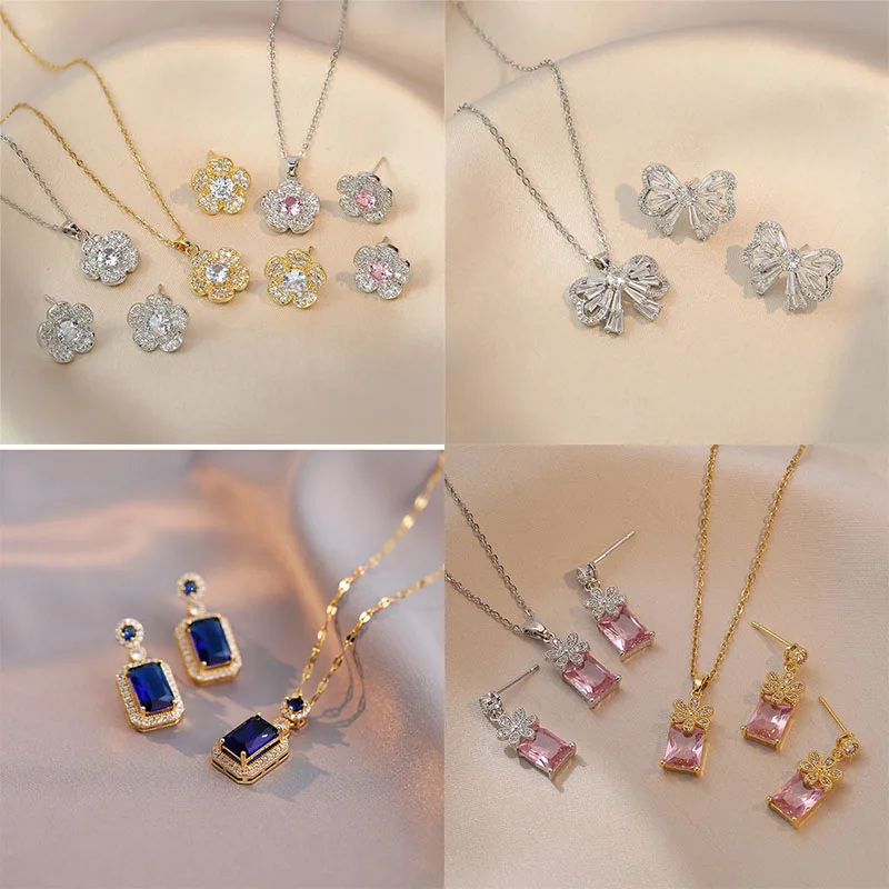 Light Luxury Flower Bow Zircon Jewelry Set Stainless Steel Chain Geometric Necklace Earrings Party Gifts For Women Girls