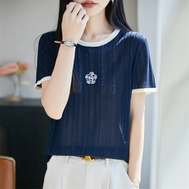Summer new women's O-neck knitted T-shirt casual embroidery jacquard women's pullover short sleeved loose fashion hot selling