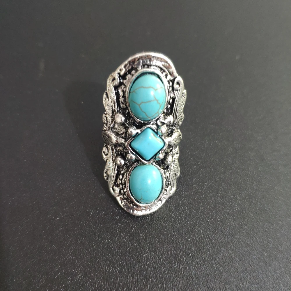 Vintage Silvery Turquoise Rings for Women Boho Tibet Ethnic Tribal Afghan Pakistan Indian Gypsy Men\'s Green Stone Retro Jewelry