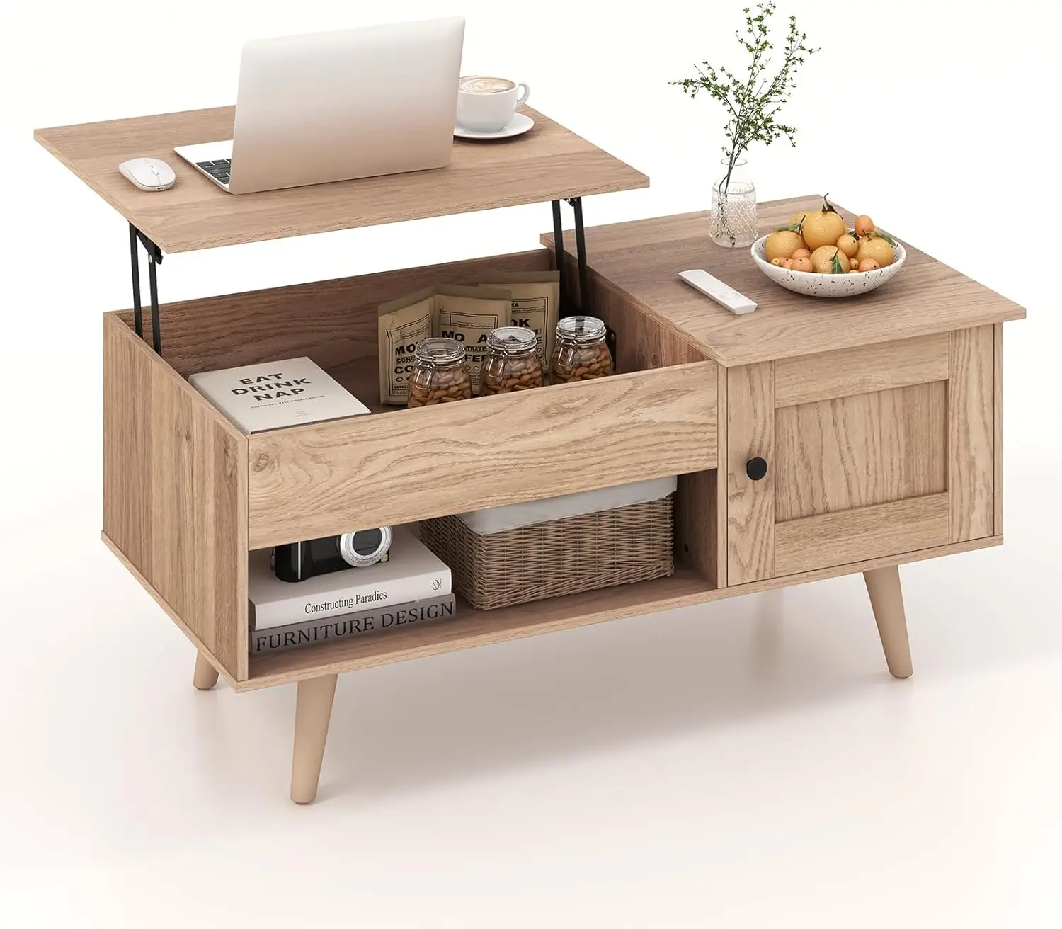 Lift Top Coffee Table, Modern Cocktail Table with Hidden Compartment, Open Shelf & Cabinet, Wooden Flip Top Center Table