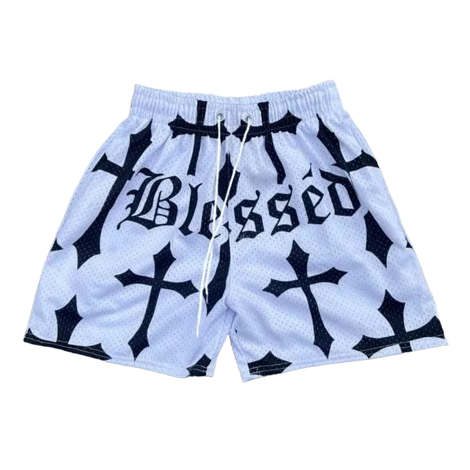 Vintage Blessed Cross Pattern Print Shorts Summer Shorts Sport Training Breathable Fashionable Shorts Quick-drying Streetwear