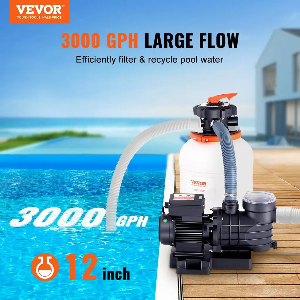 VEVOR Sand Filter Pump for Above Ground Pools, 12-inch, 3000 GPH, 1/2 HP Swimming Pool Pumps System & Filters Combo Set