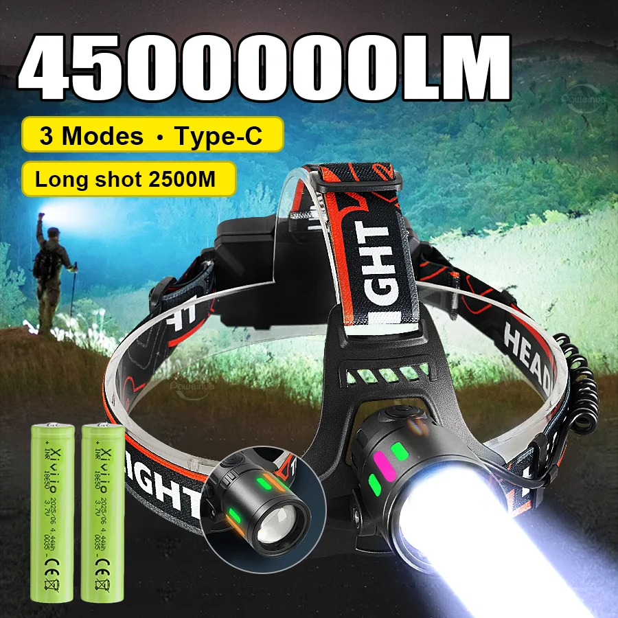 

300W светодиодный сильный световой фара водонепроницаемый кемпинговый фара 4500000LM мощный светодиодный головный фонарь 18650 аккумуляторный головный факел флуоресцентный охотнический фонарь зума