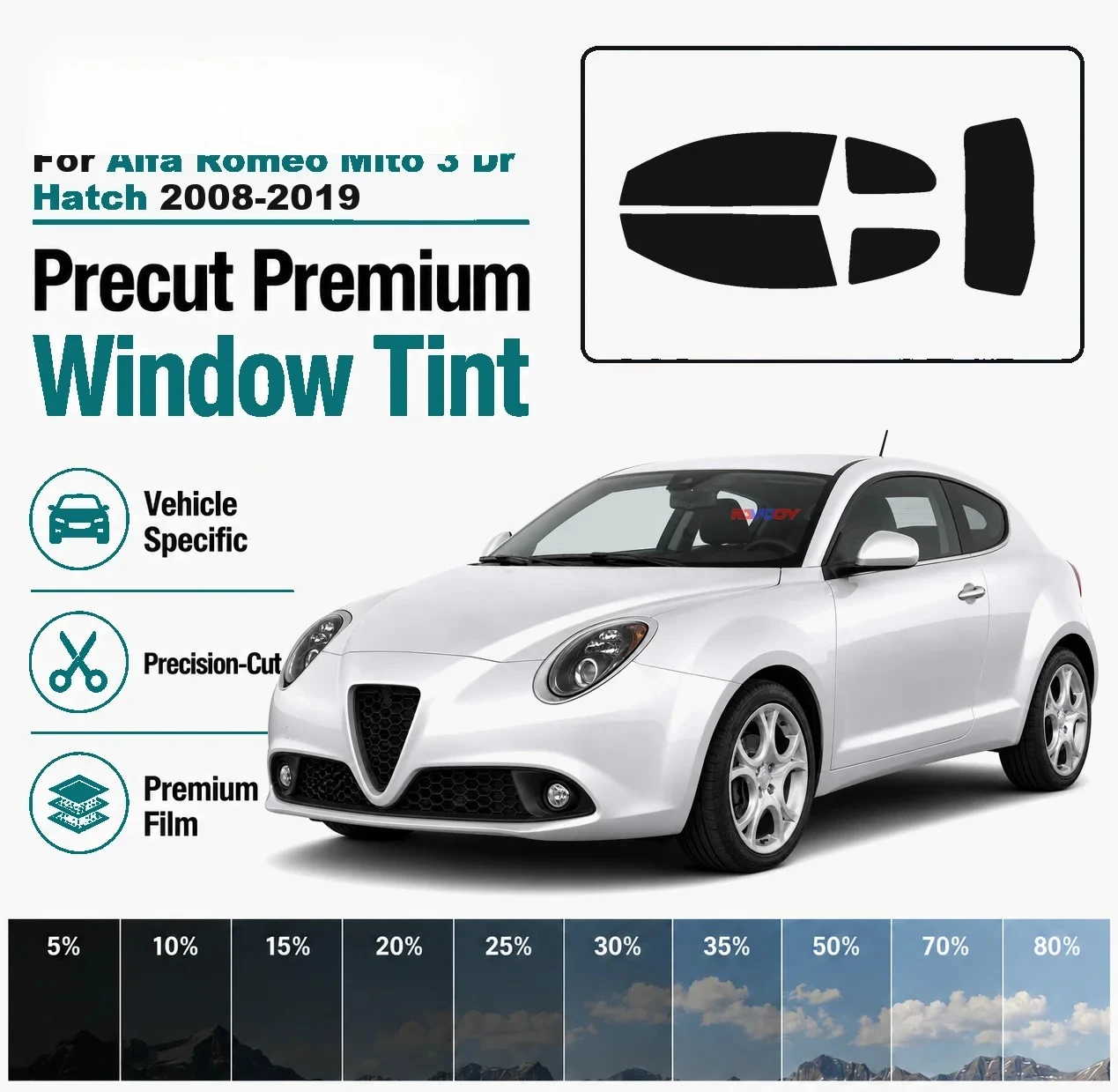 Precut Window Tint Kit for Alfa Romeo Mito 3 Dr Hatch 2008‑2019 Custom Fit 2‑Ply UV Heat Rejection Privacy Front Rear Side Film