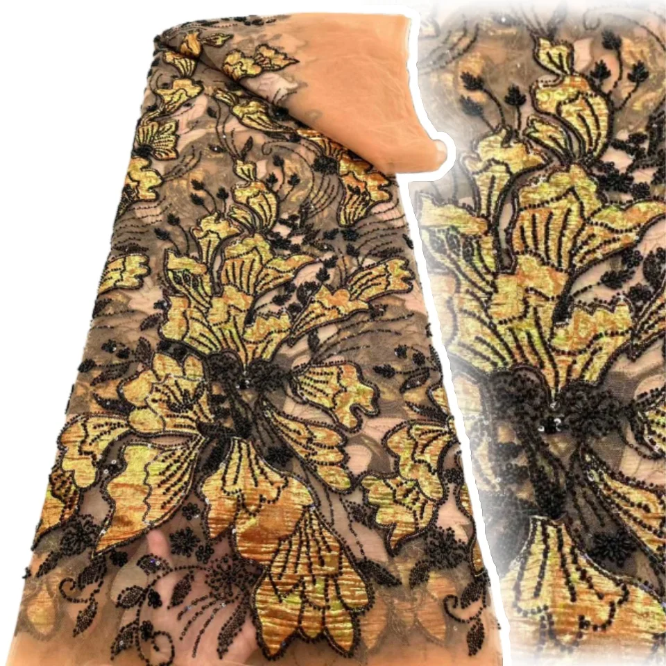 

Африканская 3D вышитая цветочная сетка с бусинами, ткань с вышивкой блестками, нигерийское свадебное платье, вышивка, ткань для одежды CC1628