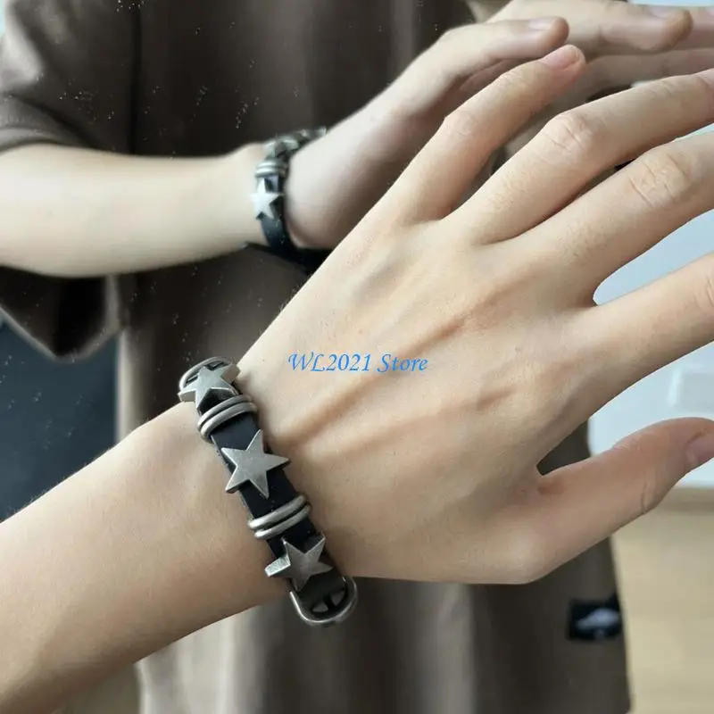 

G5GC Vintage Star Leather Watchband Bracelet for Women Sweet Cool Charm Fashion
