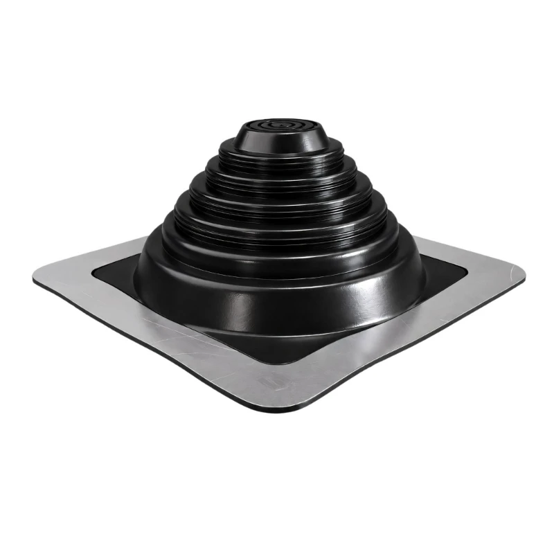 Roof Penetration Flashing Assembly with Flexible Boot, Square Metal Base, and Installation Hardware for Exhaust Lines