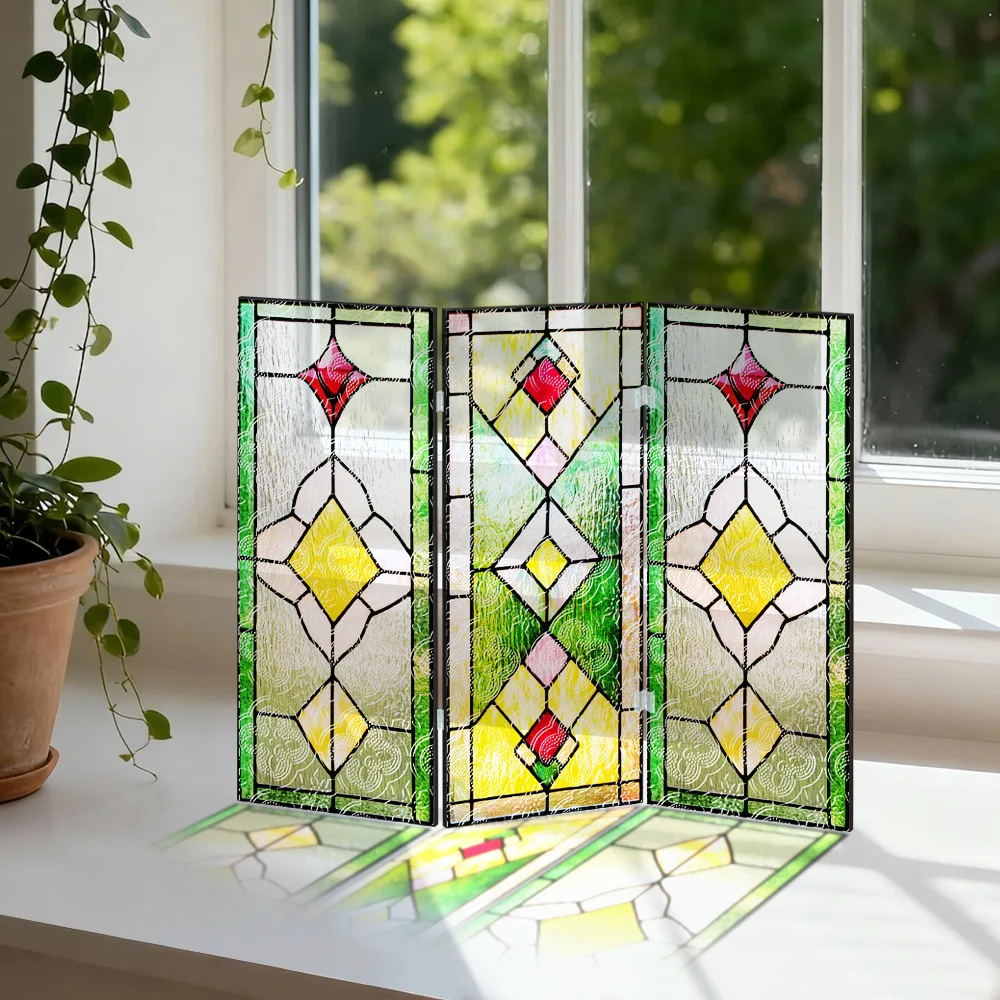 Green Acrylic Folding Screen, Begonia Pattern Translucent Screen Decorative Painting Table Setting.Study Sideboard Table Decor