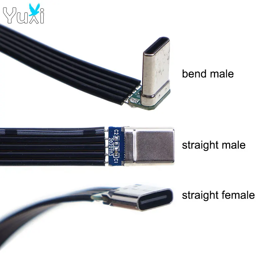 YuXi 1 Piece Type-C USB-C Fast Charging Cable Flat Flexible Data Cable 480Mbps Data Trasnsfer Straight Bend Head