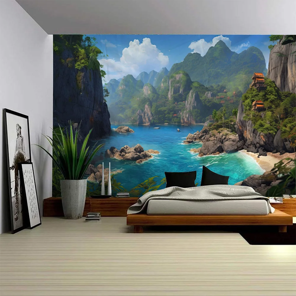 

Dreamy Sea View Tapestry Wall Hanging Retro Hippie Home Background Wall Poster Used for Living Room and Dormitory Decoration