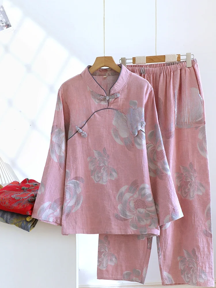新しい中国風の純綿パジャマ女性の国民風梨ボタンスタンドカラー春夏薄い長袖セットホーム服