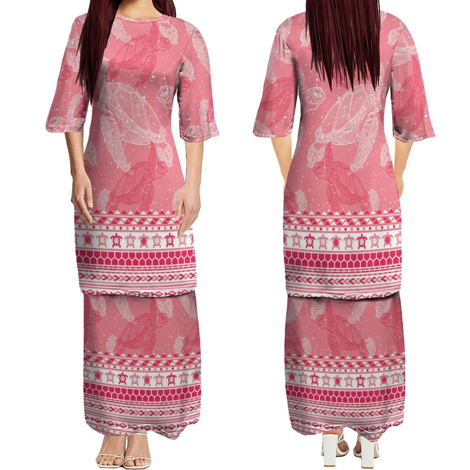 

Samoan Women'S Fashion Puletasi Two-Piece Women'S Mid-Sleeve Crew Neck Dress Plus Size 7xl Polynesian Island Design Print