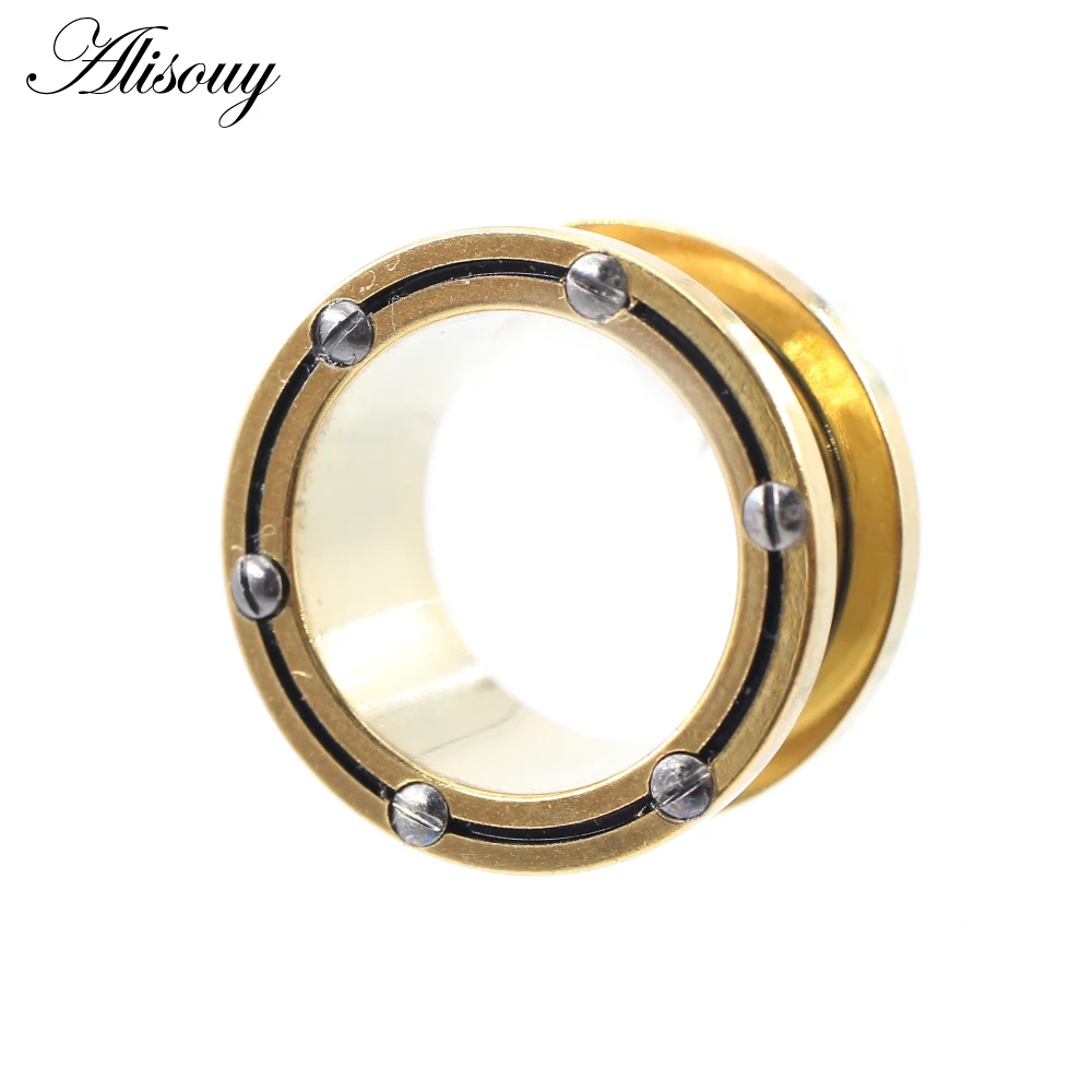 Alisouy 2PCS 8mm-25mm Gold Color Pulley Stainless Steel Ear Tunnels Plug Expander Stretcher Gauge Earrings Piercing Body Jewelry